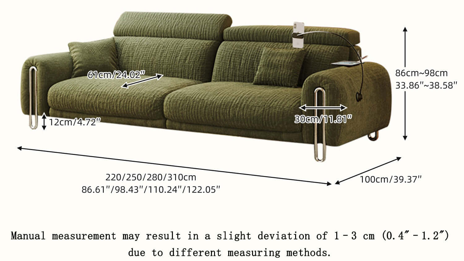Dimension of Green Chenille Big Comfy Couch – Adjustable Headrest, Water-Resistant