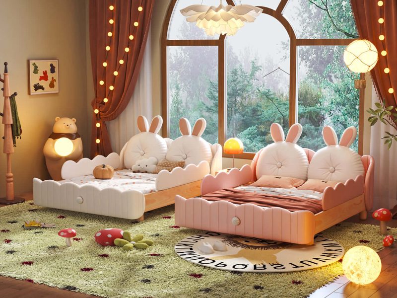 JASIWAY Solid Wood Kids Bed with Rabbit Cartoon Cushion & Guardrail