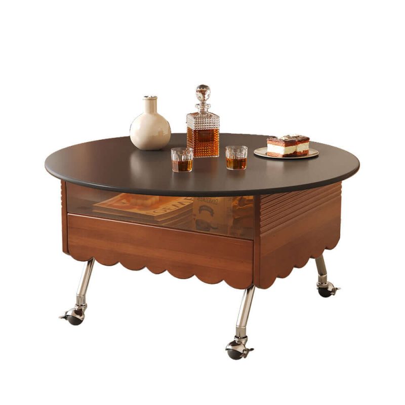 JASIWAY Retro Round Coffee Table with Multi-functionality Adjustable Height and Mobility