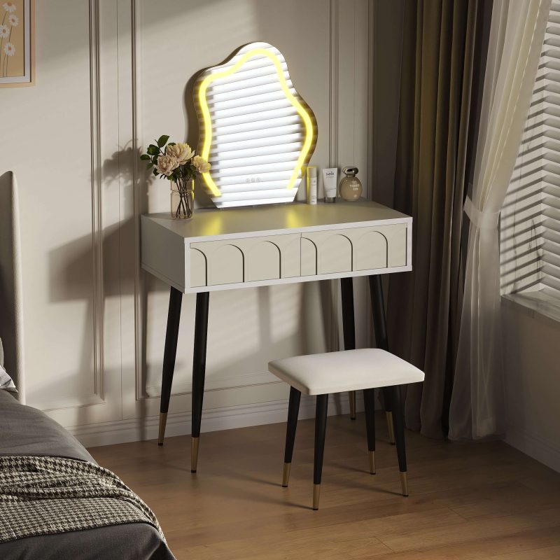 JASIWAY White Black 31.5in. Two Drawer Dresser with Mirror with Chair
