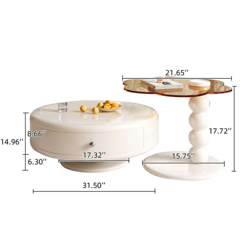 JASIWAY Round Rotating Nesting Coffee Table Set of 2 Tea Glass Side Table with 2 Drawers