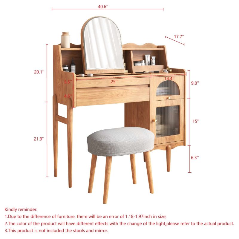 JASIWAY Wooden Makeup Vanity Table with Dressing Mirror & Drawers & Side Cabinet