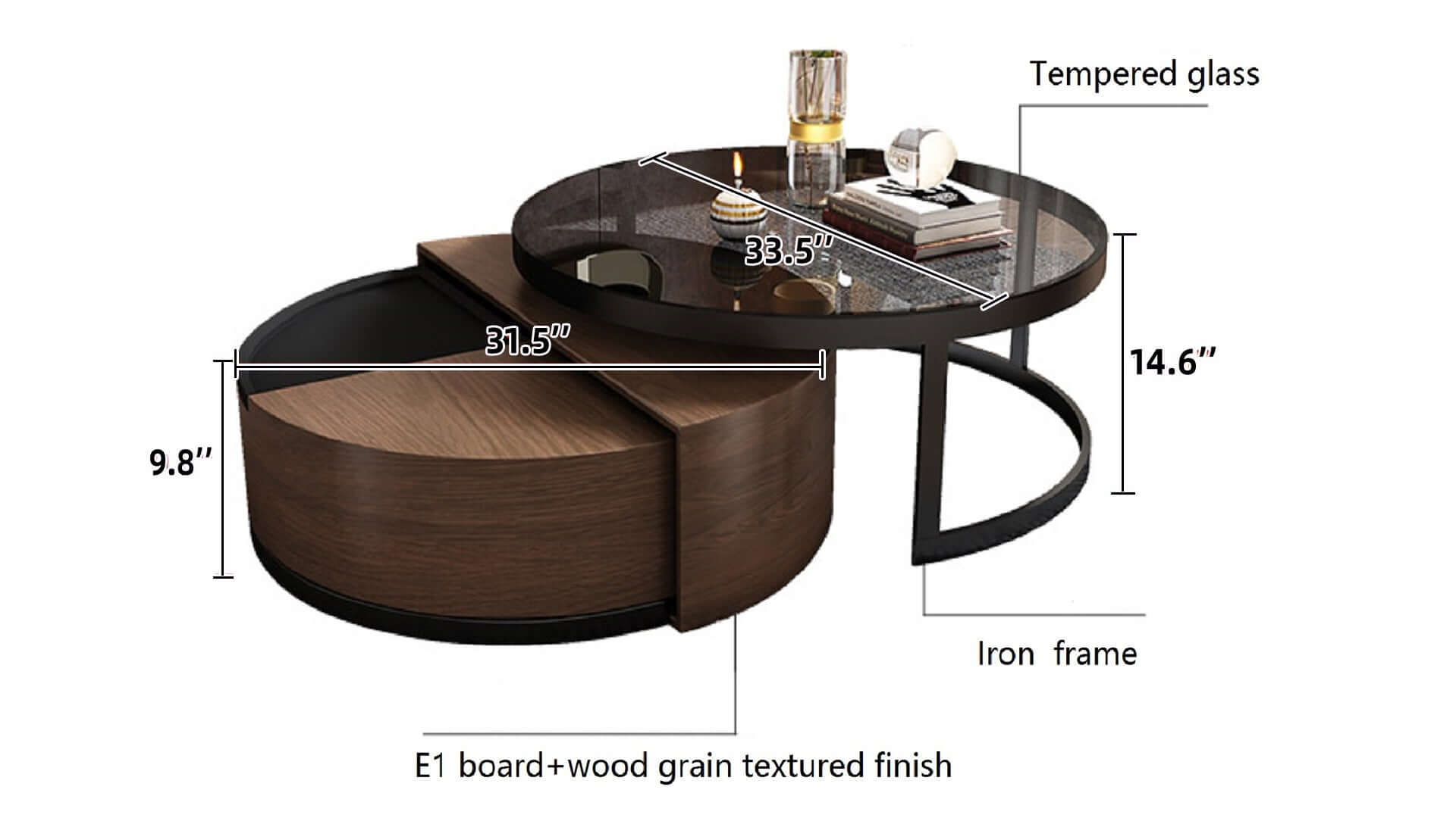 Dimension of Black & Walnut Round 360-Degree Rotation Coffee Table Set Storage