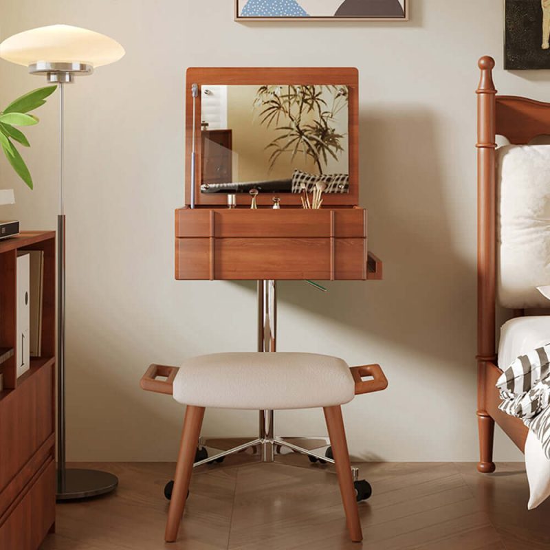 JASIWAY Vintage Style Solid Wood Movable Small Vanity Table with Flip-Top Mirror