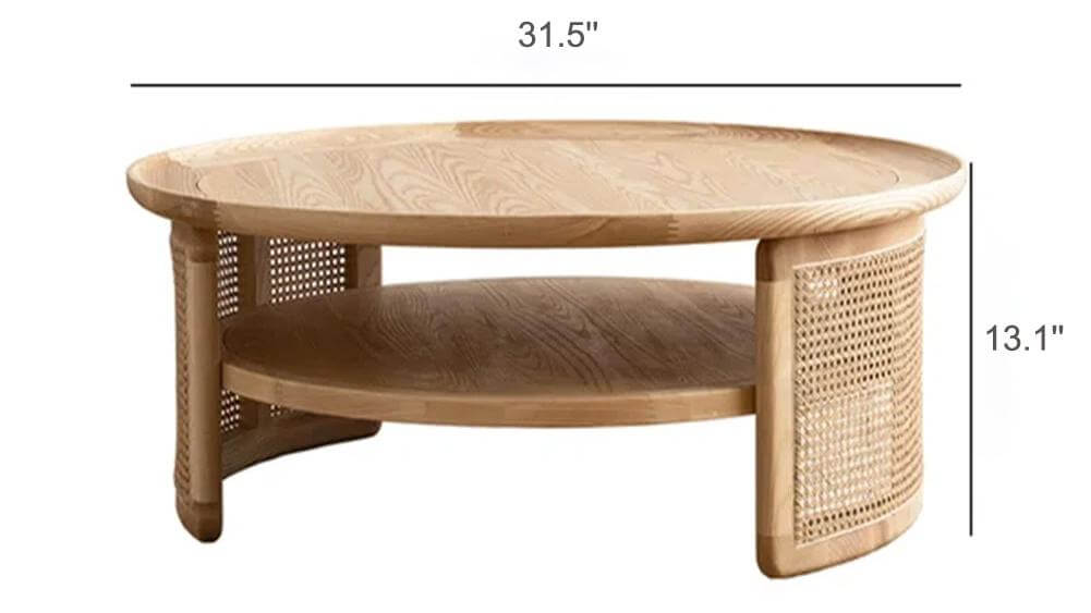 Dimension of Solid Wood 2-Tiered Japandi Round Coffee Table with Rattan Base