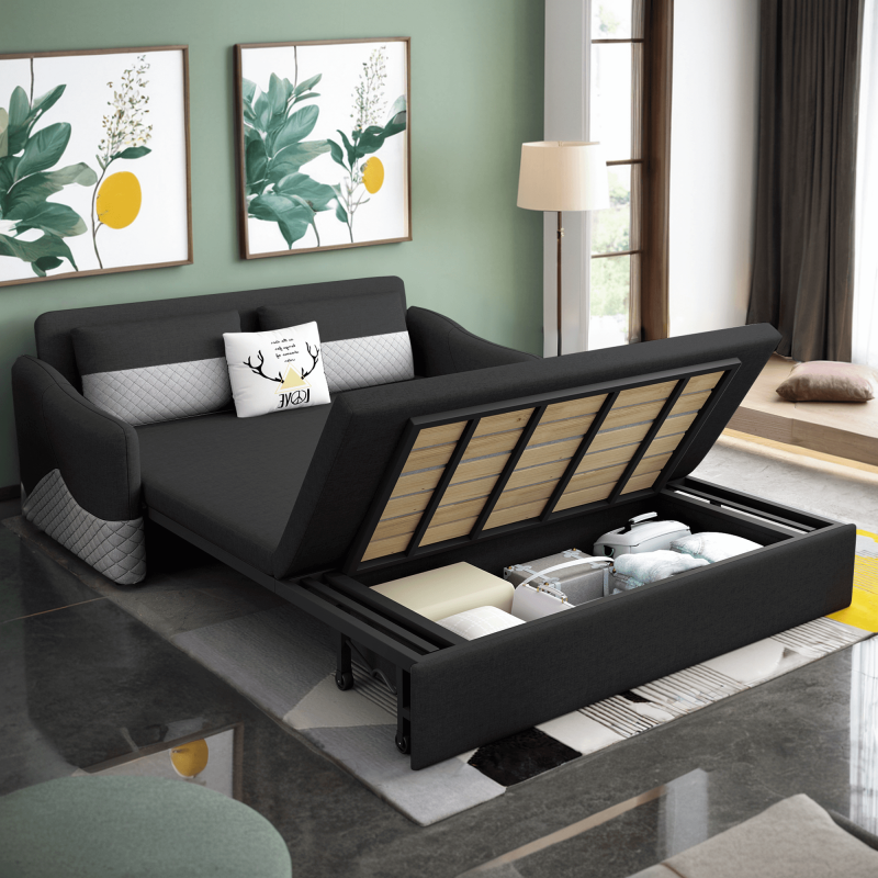 JASIWAY Grey 3 in 1 Pull Out Couch Bed Cotton Linen with Storage Chaise