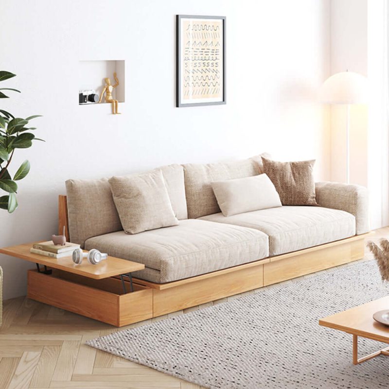 JASIWAY Modern Solid Wood Upholstered Cotton Linen Sofa Beige Folding sofa bed