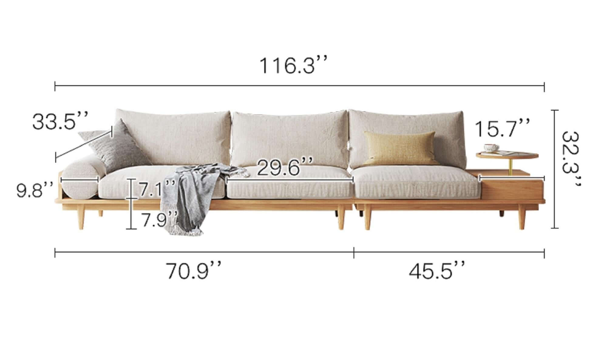 Dimension of 116.3" Beige Cotton Linen 3-Seater Sofa Storage Fabric Sofa with Round Arm