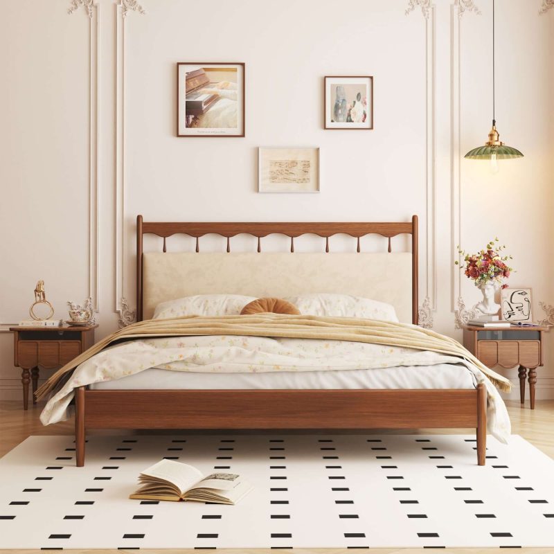 JASIWAY Bedroom Bed Full Solid Wood Double Bed Vintage