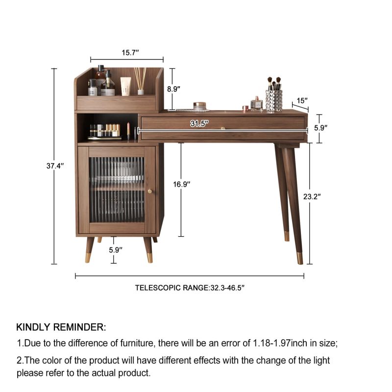 JASIWAY Coffee Brown Wooden Vanity Table with Side Cabinets Open Storage & Drawers