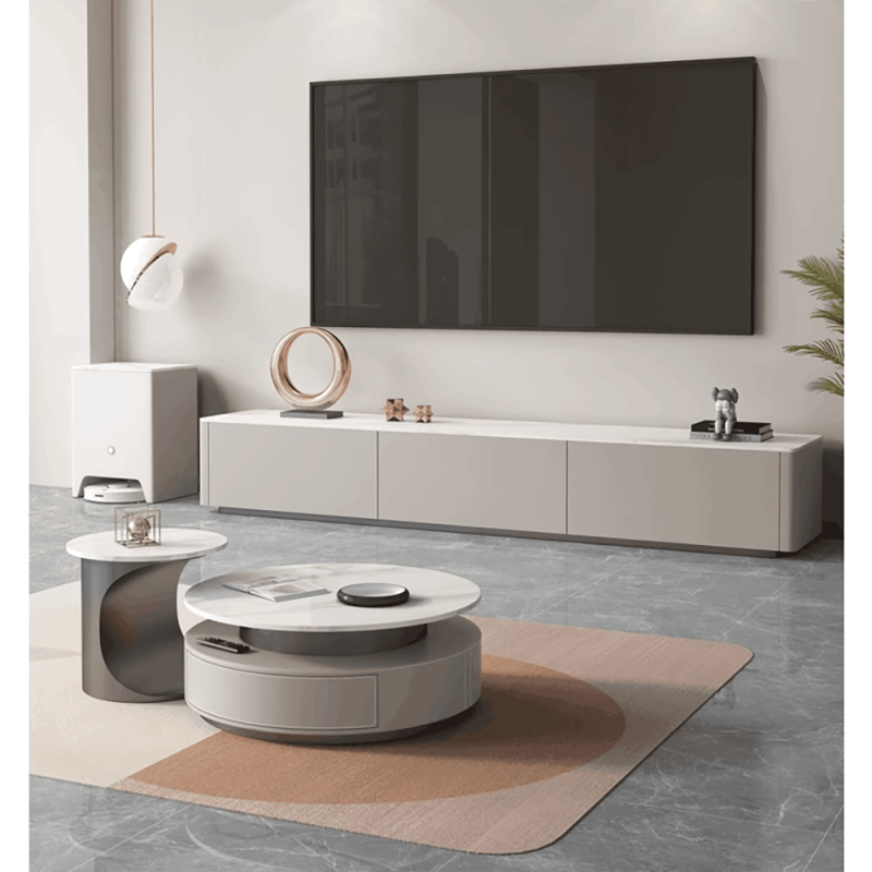 JASIWAY Luxury Slate Top Modern High-Low Round Coffee Table Set with Storage Drawers