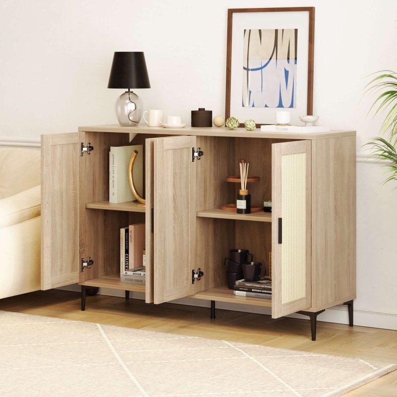 JASIWAY 48.42 Inch Sideboard Cabinet with Rattan Decorated 4-Doors