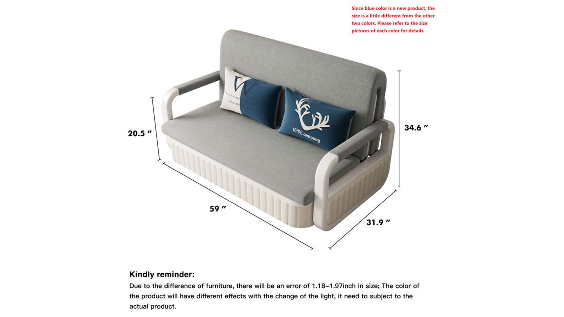 Dimension of Two-Seaters Sofa Bed Cotton Linen Upholstered Storage with Square Arm