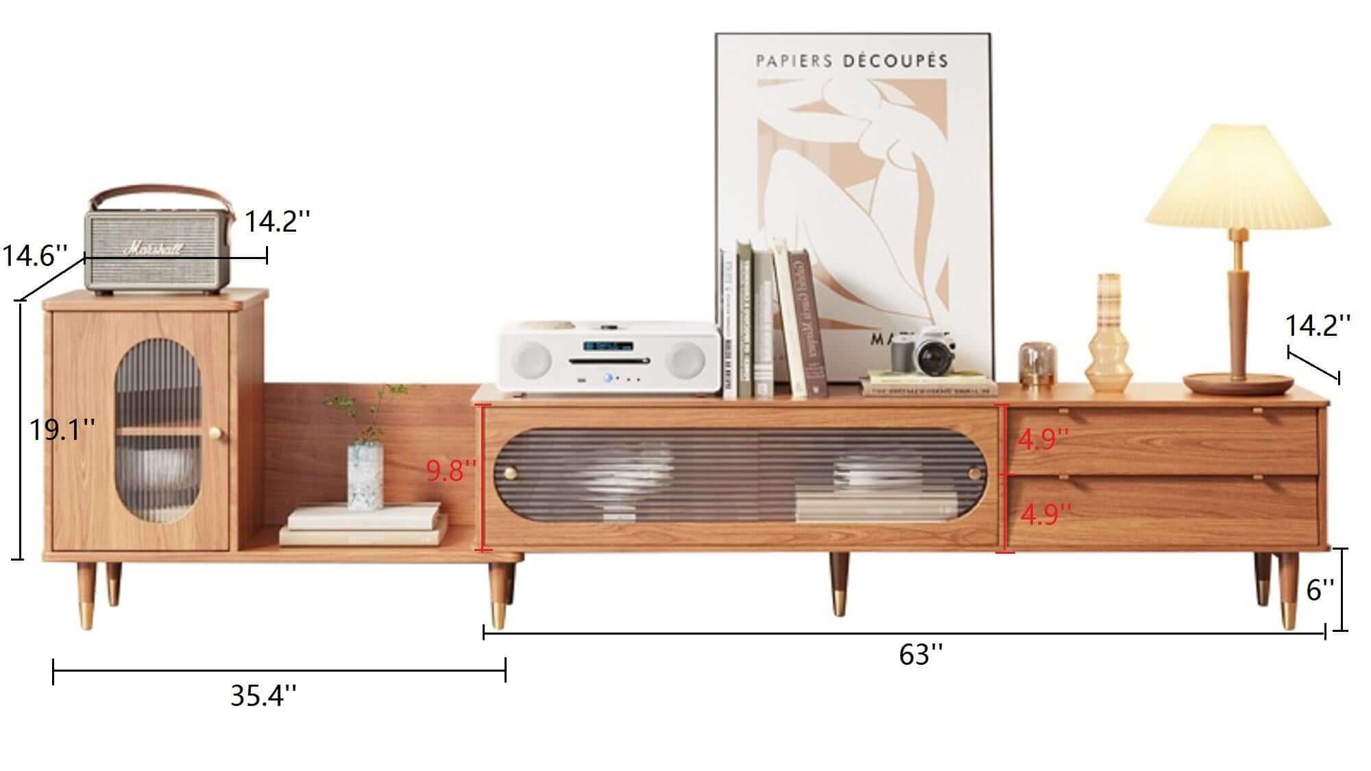 Dimension of Rectangle Wood Extendable TV Stand with Bookshelf & Storage Drawers