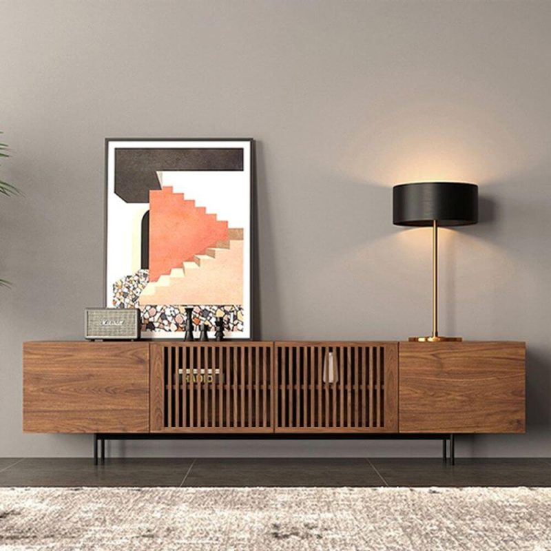 JASIWAY Minimalist TV Stand Slatted Media Console with 4 Doors Storage
