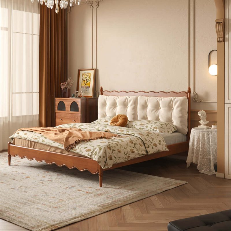JASIWAY Vintage Solid Wood Master Bed with Upholstered Headboard