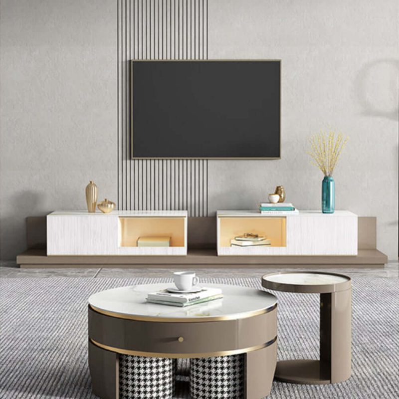JASIWAY Modern White & Coffee TV Stand with Extendable Drawers