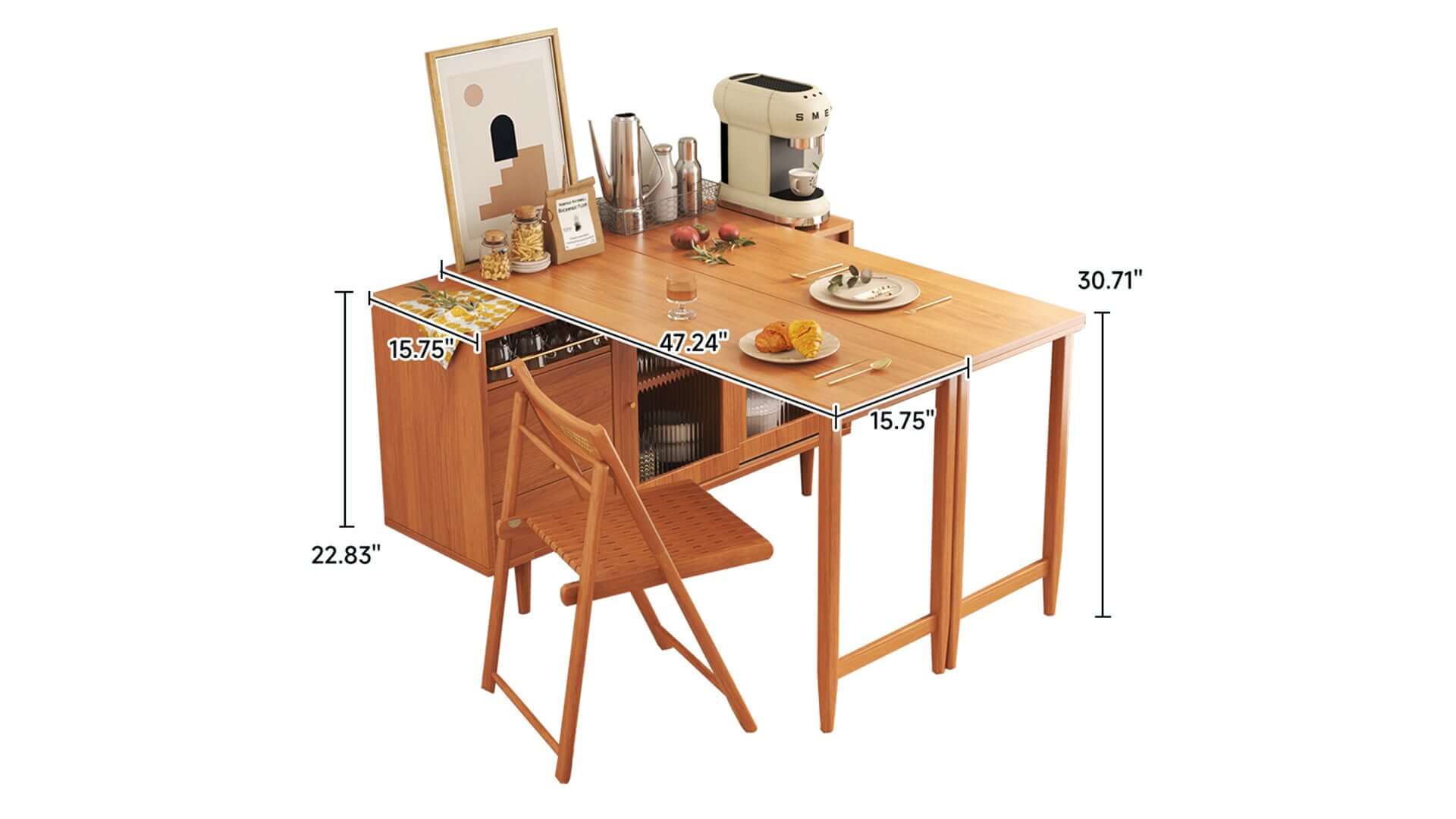 Dimension of Folding Dining Table Sideboard in One with Glass Sliding Doors and Storage Drawers