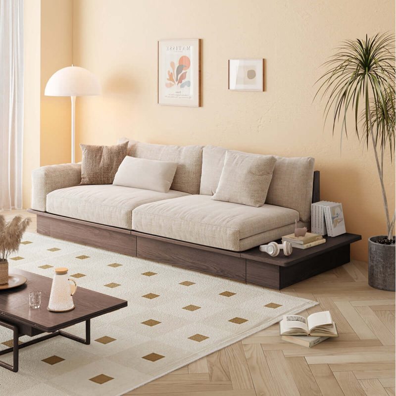 JASIWAY Modern Solid Wood Upholstered Cotton Linen Sofa Beige Folding sofa bed