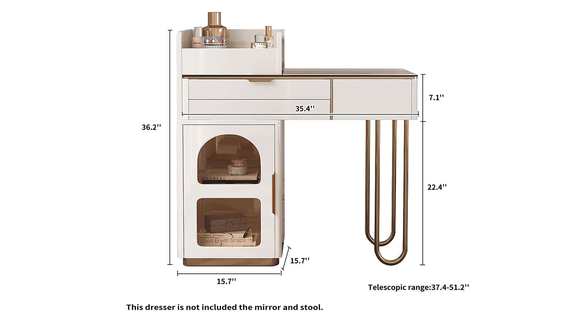 Dimension of White Makeup Vanity Glass Tabletop Dressing Table with Open Storage Compartment & Drawers & Cabinet
