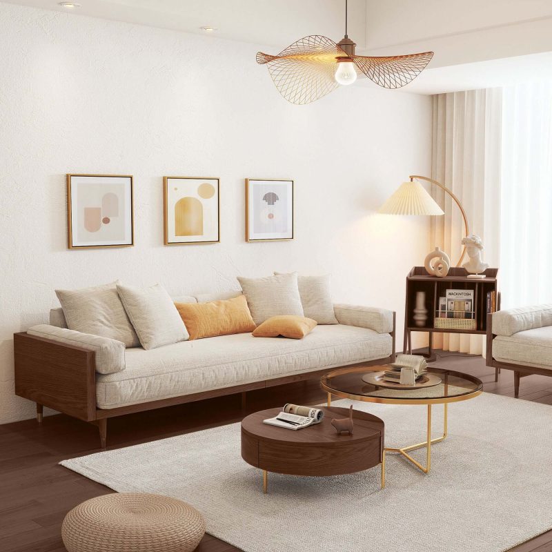 JASIWAY Modern Beige 3-Seat Upholstered Linen Fabric Sofa with Solid Wood Frame for Living Room