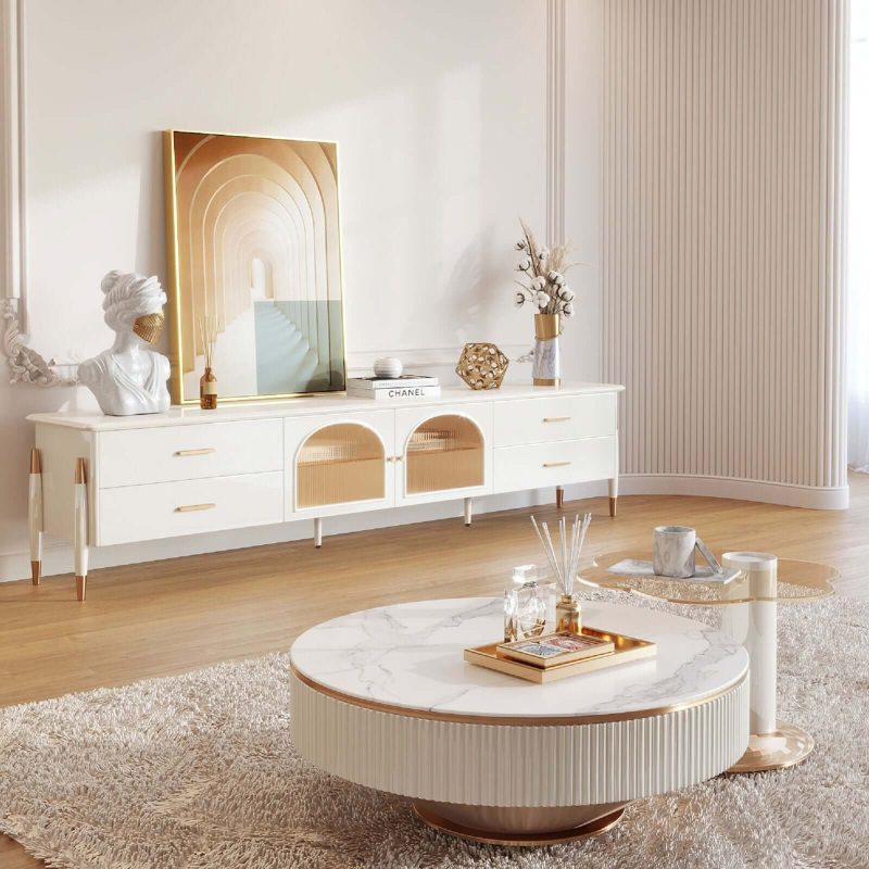 JASIWAY Modern Beige TV Stand Glass Door Media Console with LED Light & 4 Drawers Storage