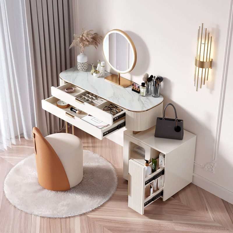 JASIWAY Modern White Makeup Vanity Table with LED Lighted Mirror & Cabinet