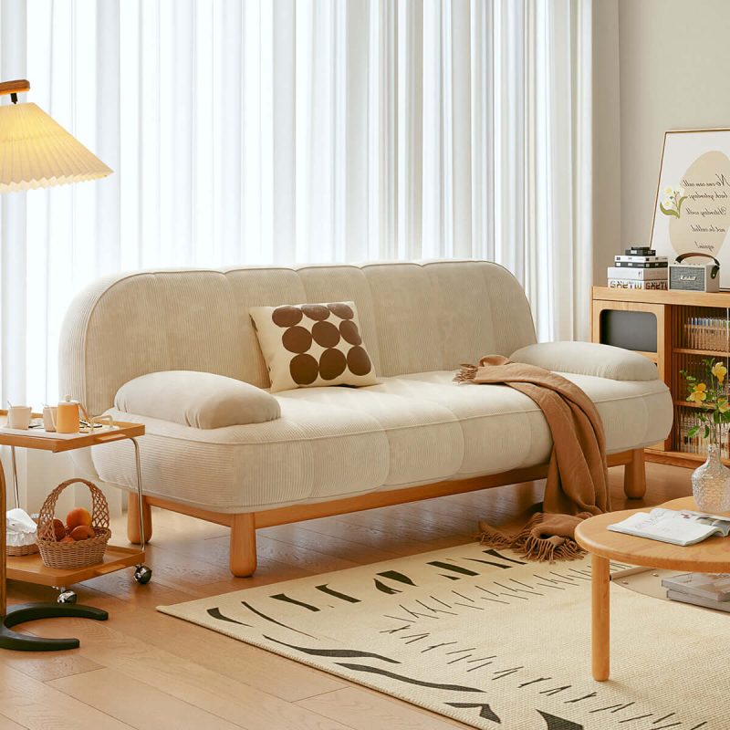JASIWAY Japandi Loveseat Folding Sofa Bed in Cream White & Green Corduroy Fabric
