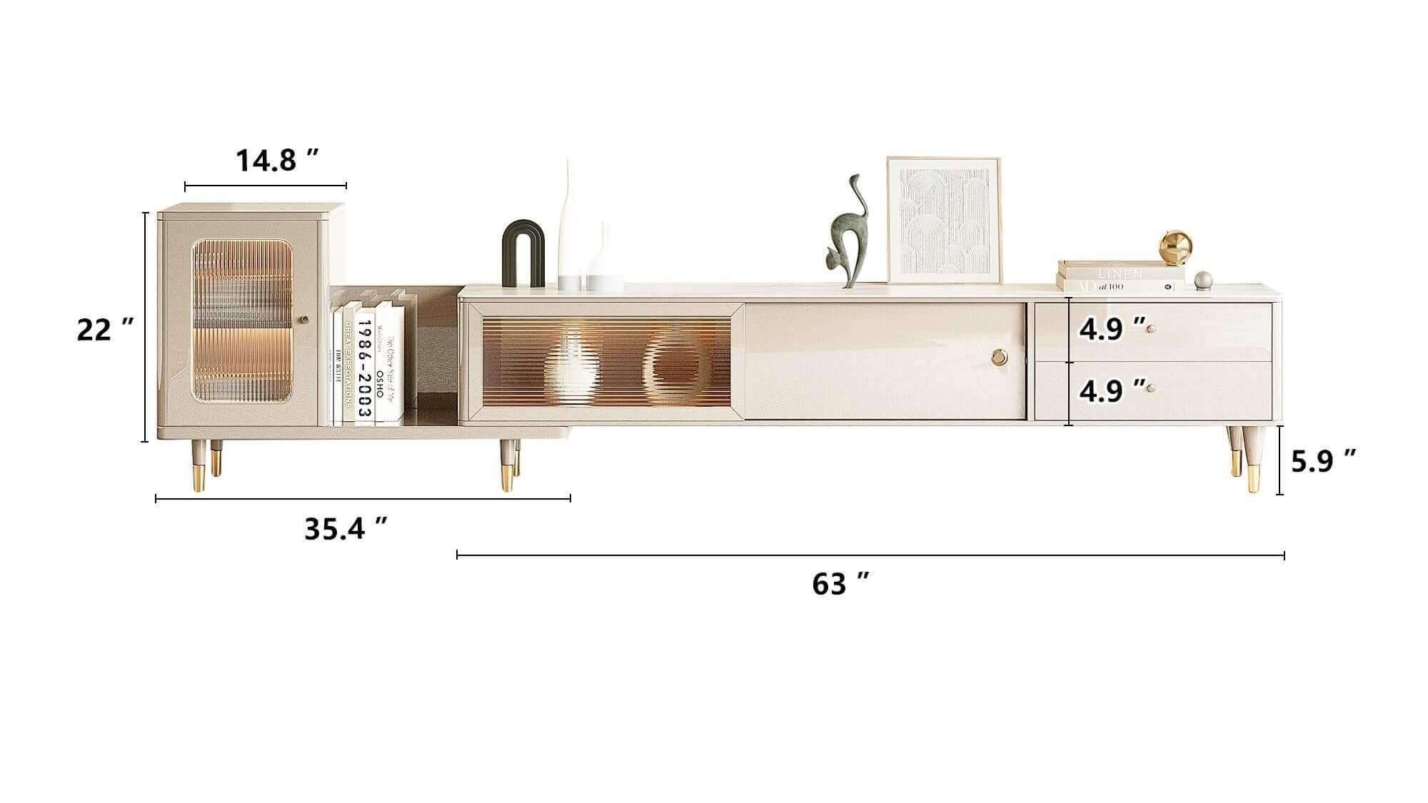 Dimension of Retracted & Extendable TV Stand Beige Media Console with Drawers & Storage