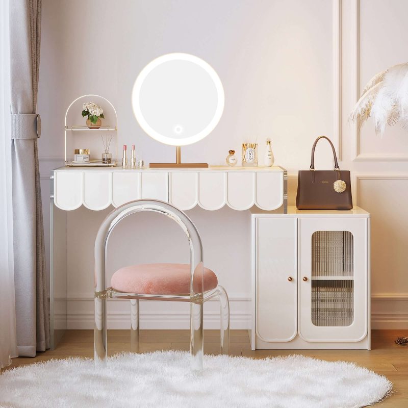 JASIWAY Modern White Makeup Vanity with Drawers & Side Cabinet