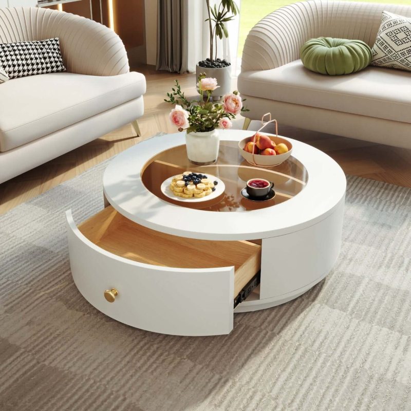 JASIWAY Luxury Glass Top Round Coffee Table with Drawers