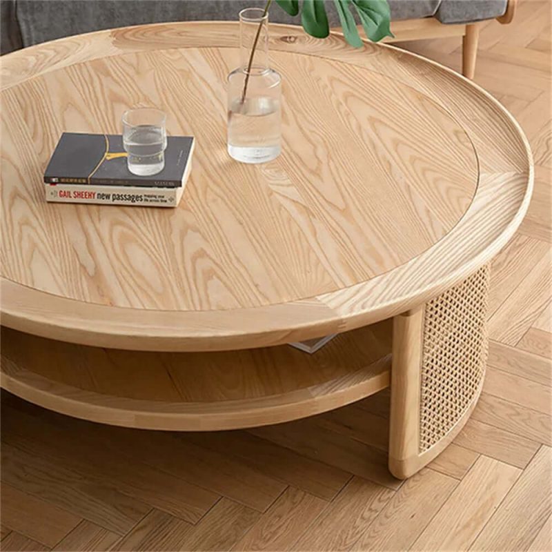 JASIWAY Solid Wood 2-Tiered Japandi Round Coffee Table with Rattan Base