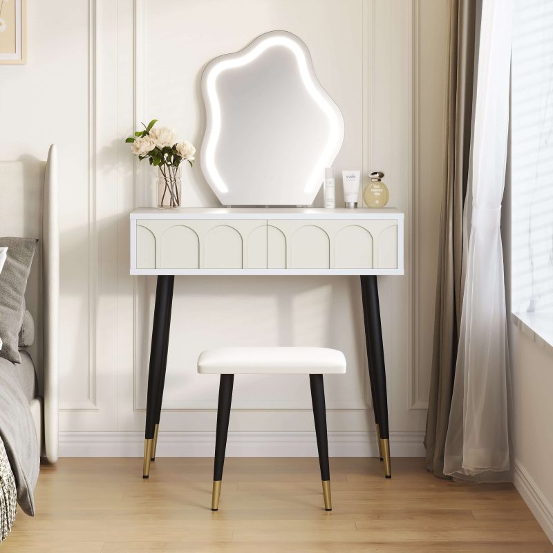 JASIWAY White Black 31.5in. Two Drawer Dresser with Mirror with Chair