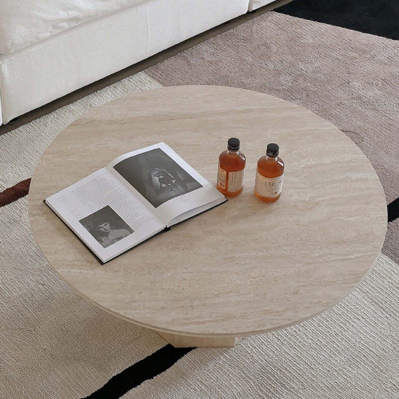 JASIWAY Japandi Round Coffee Table - Beige Travertine & Premium Wood