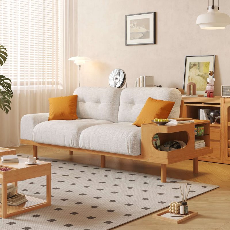 JASIWAY Japandi Wooden Base Sofa with Integrated Cat Den