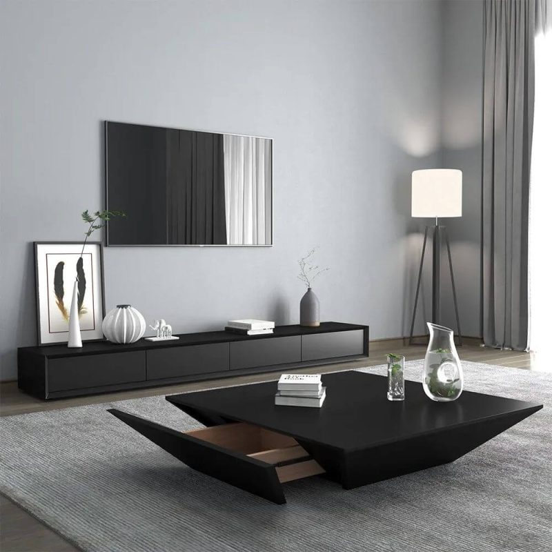 JASIWAY Modern Black Rectangular TV Stand Wood Media Console 4 Drawers for TVs Up to 88"
