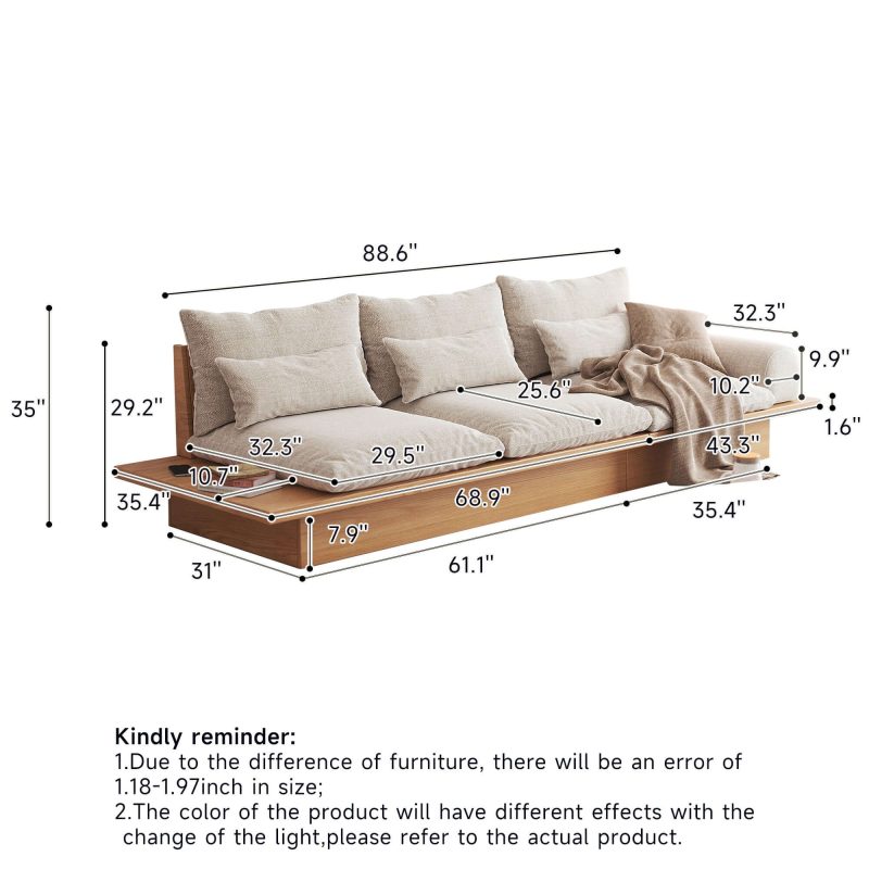 JASIWAY Cotton Linen Beige Sofa With Wood Frame & Storage Underneath