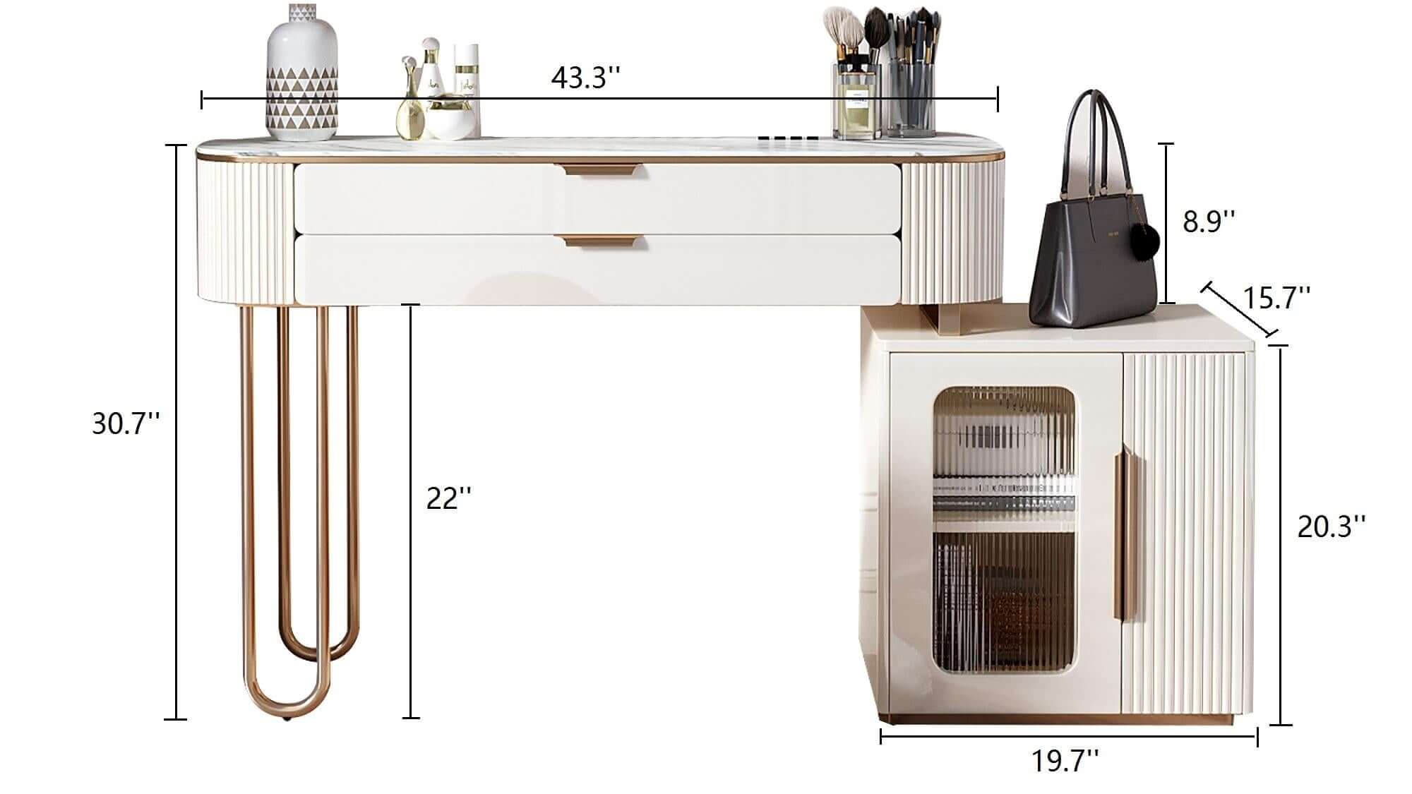 Dimension of Modern White Makeup Vanity Table with LED Lighted Mirror & Cabinet