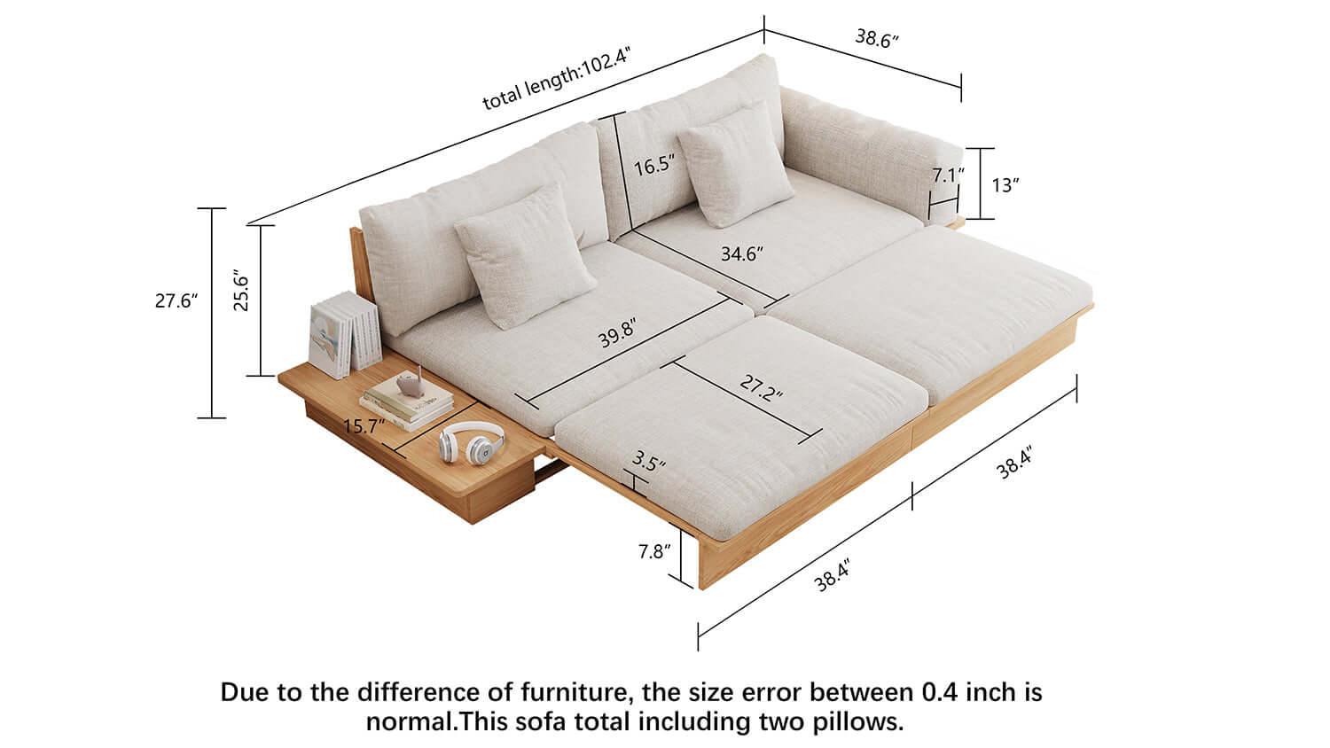 Dimension of Modern Solid Wood Upholstered Cotton Linen Sofa Beige Folding sofa bed