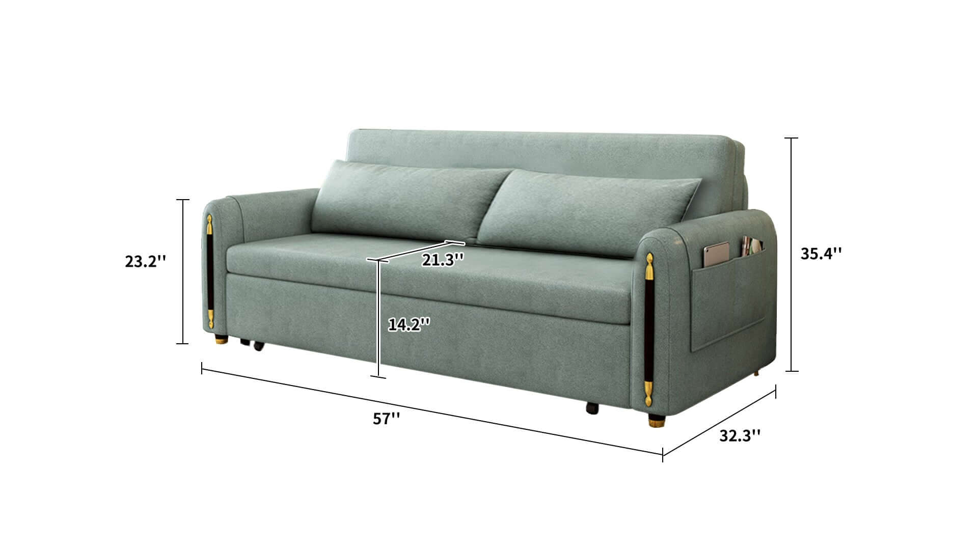 Dimension of Green Convertible Sofa Bed Comfortable Cushion Seat with Storage Pocket