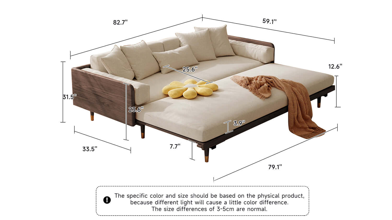 Dimension of 3 Seater Sofa Bed with Wooden Frame – Pull-Out Design, Modern Convertible Couch