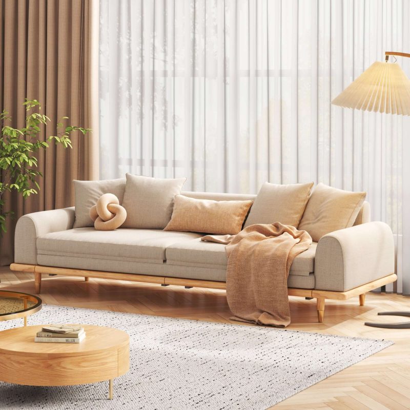 JASIWAY Three-Seater Upholstered Sleeper Sofa Retractable Solid Wood Frame