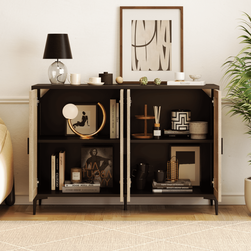 JASIWAY 48.42 Inch Sideboard Cabinet with Rattan Decorated 4-Doors