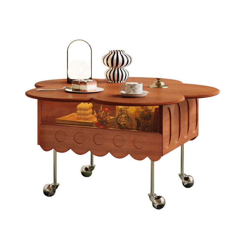 JASIWAY Retro Living Room Movable Coffee Table with Solid Wood Adjustable Petal Design