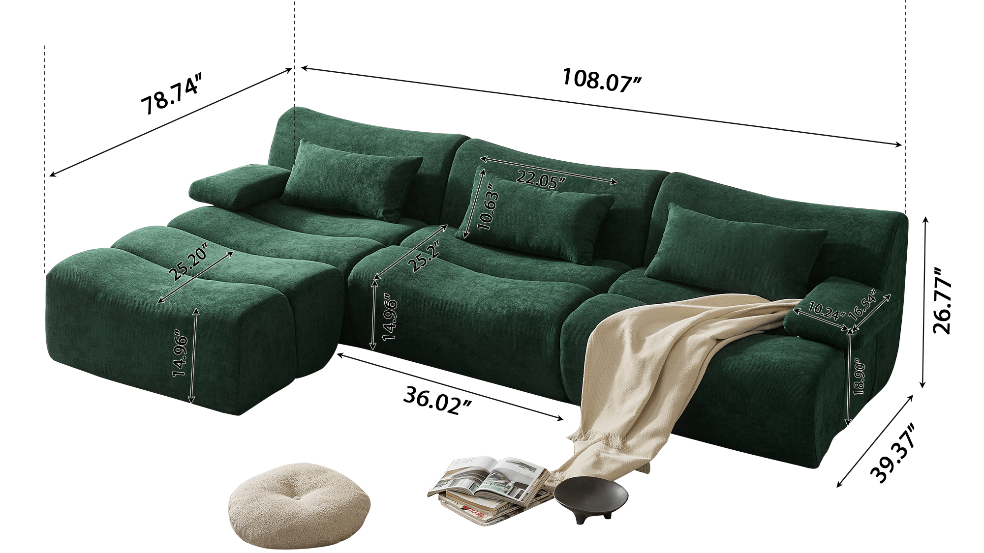 Dimension of Modern Corduroy Sectional Sofa in Green & Brown