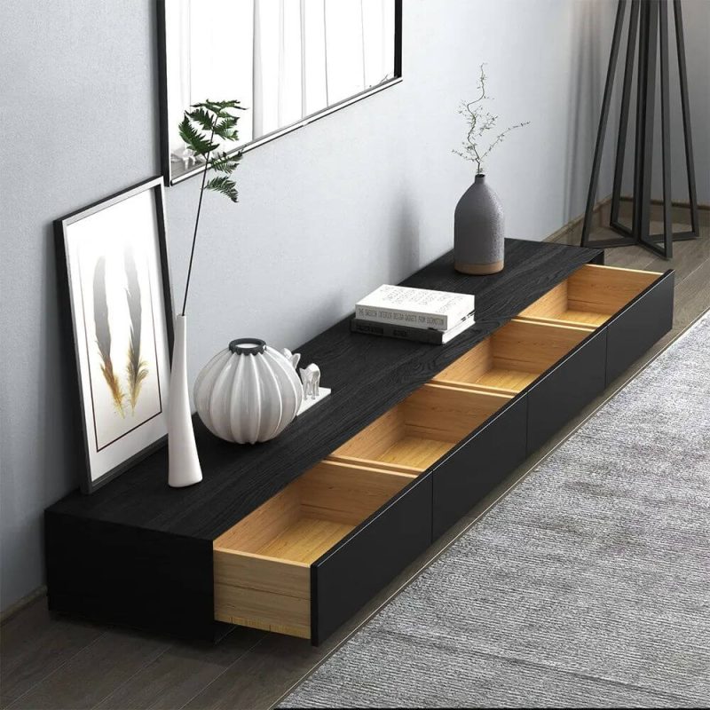 JASIWAY Modern Black Rectangular TV Stand Wood Media Console 4 Drawers for TVs Up to 88"
