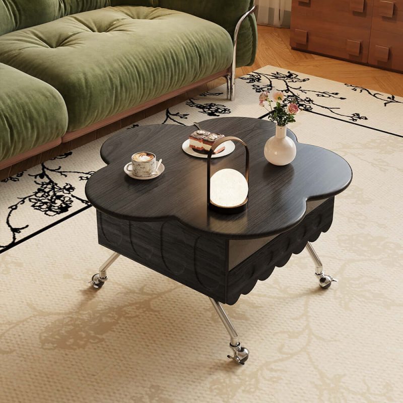 JASIWAY Retro Living Room Movable Coffee Table with Solid Wood Adjustable Petal Design