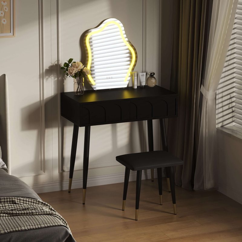 JASIWAY White Black 31.5in. Two Drawer Dresser with Mirror with Chair