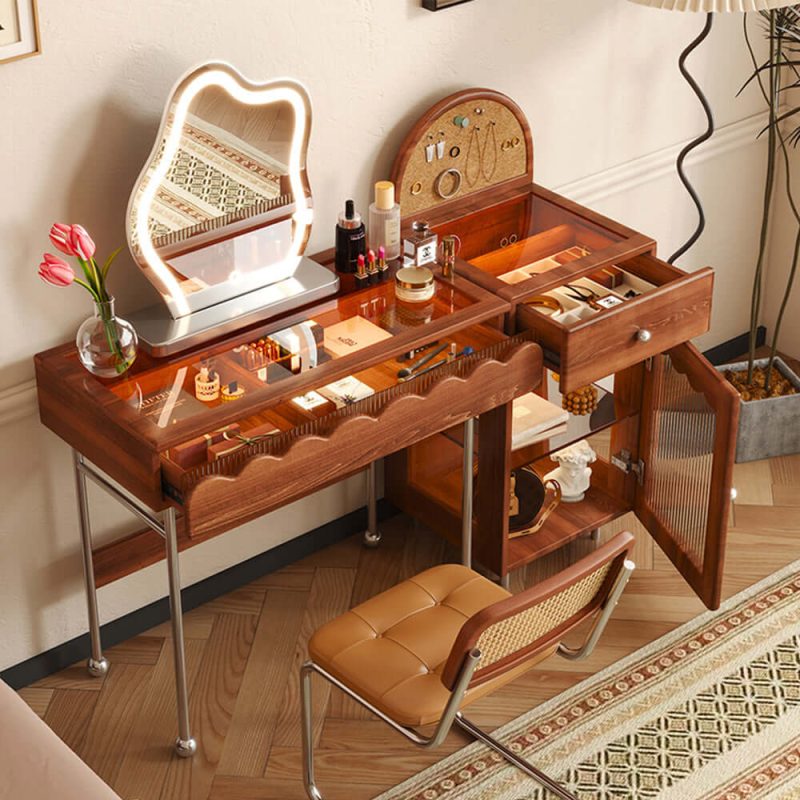 JASIWAY Freely Combinable Solid Wood Makeup Table with Cabinet & LED Mirror