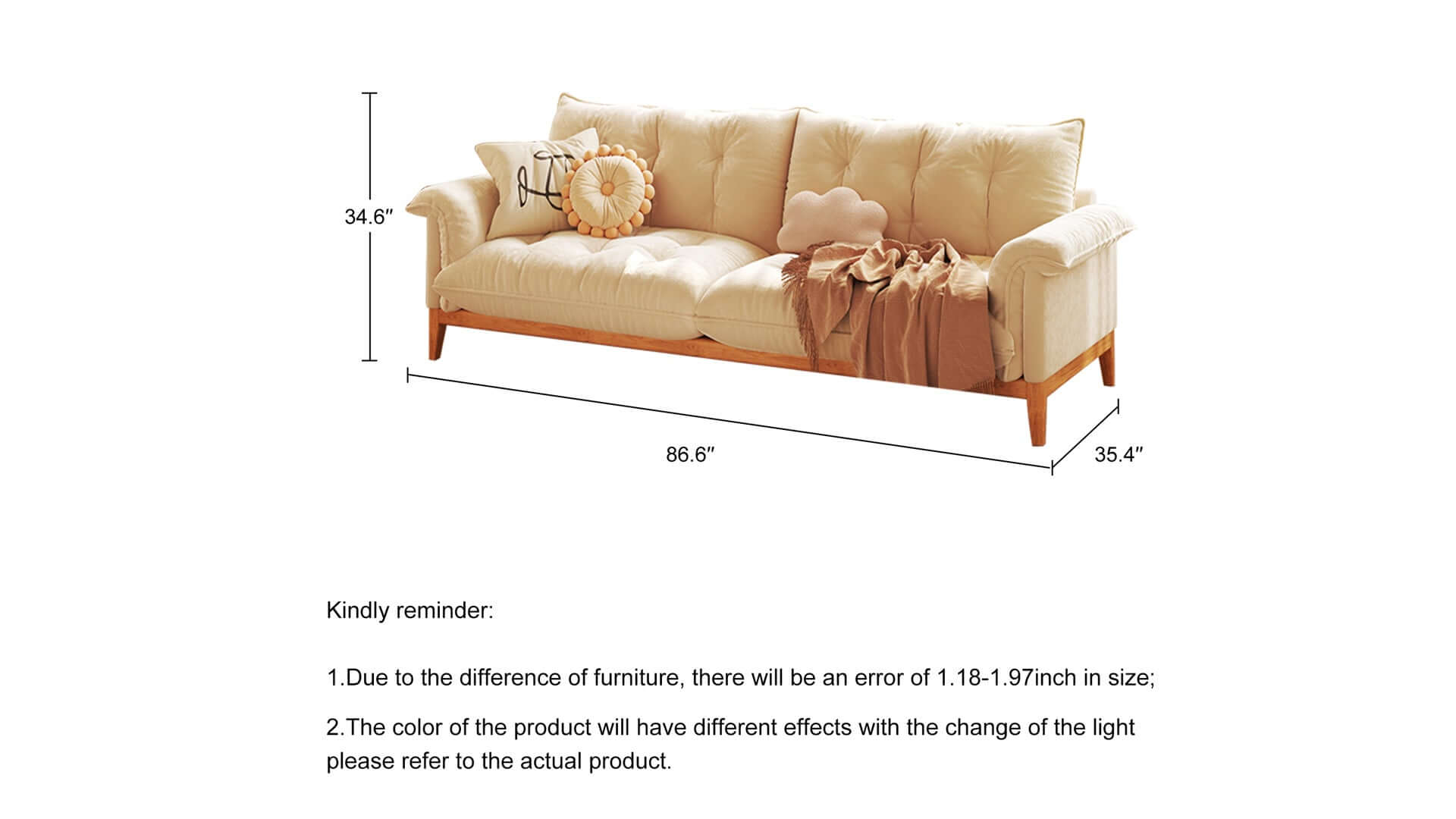 Dimension of Modern 3-Seater Sofa Beige Solid Wood Cotton Linen Sofa